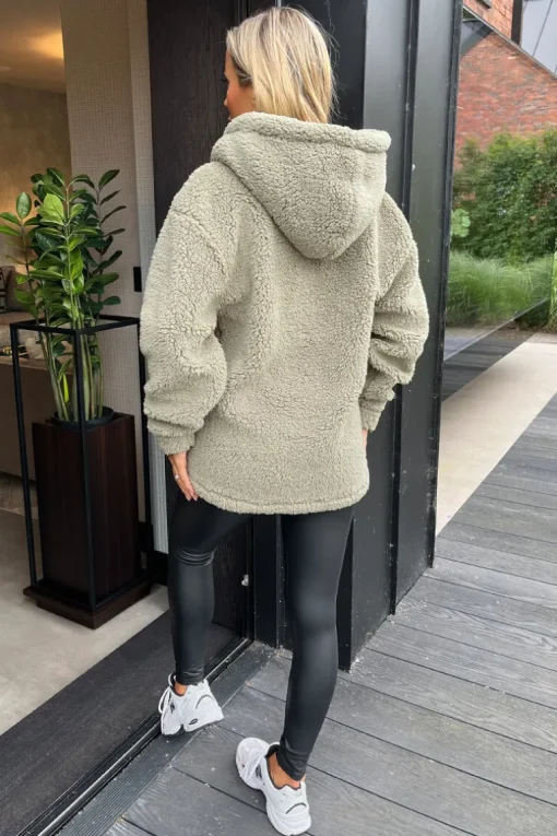 Khaki 1/4 Zip Teddy Hoodie