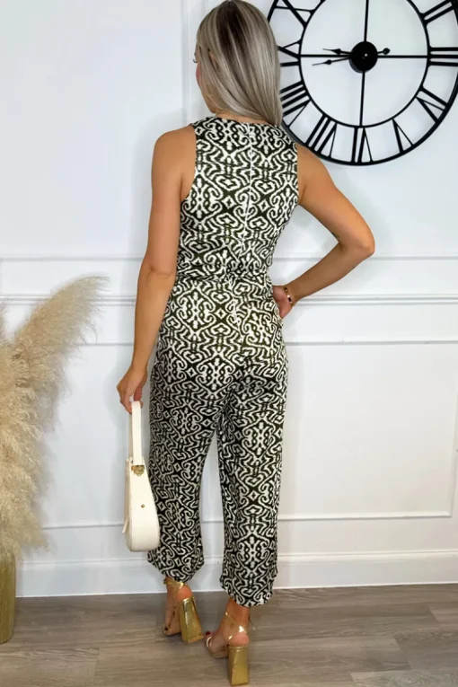 Khaki And Cream Printed Knot Front Jumpsuit