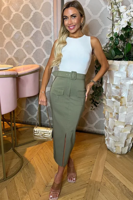 Khaki Belted Cargo Midi Skirt