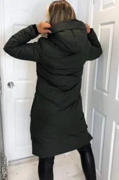 Khaki Hooded Long Line Puffer Coat