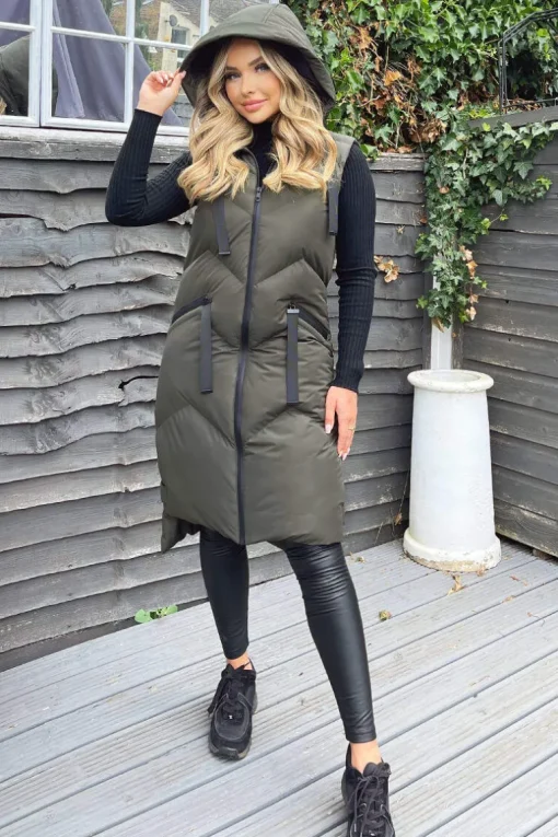 Khaki Hooded Zip Up Gilet
