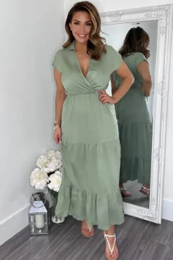Khaki Short Sleeved V-Neck Midi Smock Dress