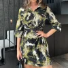 Khaki Smudge Print 3/4 Sleeve Gathered Waist Mini Shirt Dress