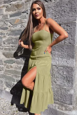 Khaki Strappy Smock Midi Dress