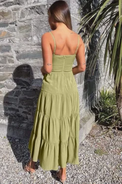 Khaki Strappy Smock Midi Dress