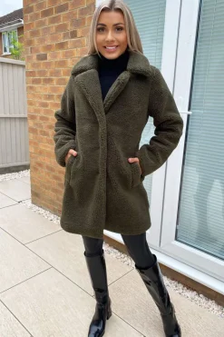 Khaki Teddy Faux Fur Coat With Collar