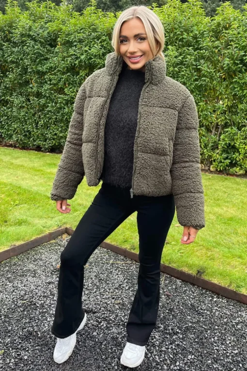 Khaki Teddy Panelled Short Coat