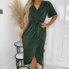 Khaki Wrap Top Belted Short Sleeve Plisse Midi Dress
