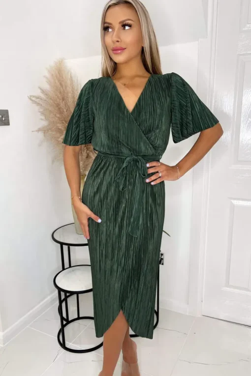 Khaki Wrap Top Belted Short Sleeve Plisse Midi Dress