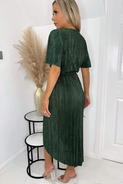 Khaki Wrap Top Belted Short Sleeve Plisse Midi Dress
