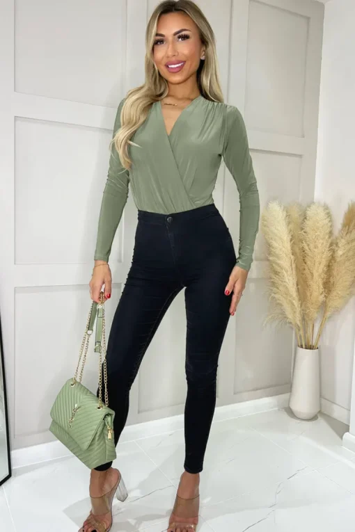 Khaki Wrap Top Long Sleeve Slinky Bodysuit