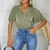 Light Khaki Wrap Top Butterfly Sleeve Plisse Bodysuit