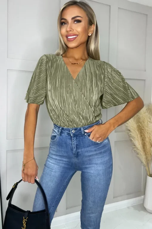 Light Khaki Wrap Top Butterfly Sleeve Plisse Bodysuit