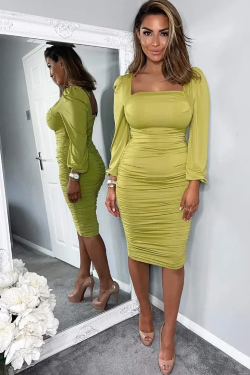 Lime Square Neck Ruched Long Sleeve Midi Dress