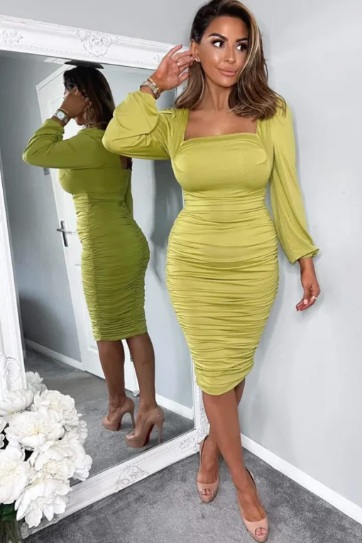 Lime Square Neck Ruched Long Sleeve Midi Dress