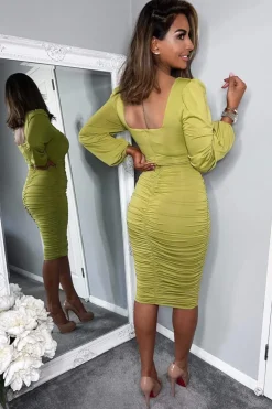 Lime Square Neck Ruched Long Sleeve Midi Dress