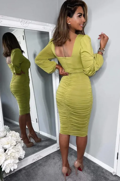 Lime Square Neck Ruched Long Sleeve Midi Dress
