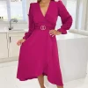 Magenta Long Sleeve Belted Midi Dress
