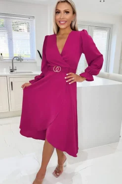Magenta Long Sleeve Belted Midi Dress