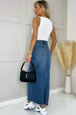 Mid Blue Frayed Hem Denim Midi Skirt