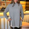 Mid Grey Mock Neck Side Split Contrast Hem Knitted Jumper