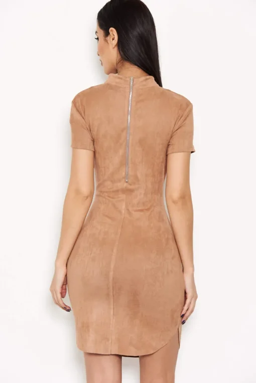 Mink Faux Suede Mini Dress with High Neck