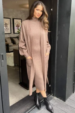Mink Knitted Midi Dress And Cardigan Co-ord