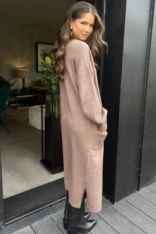 Mink Knitted Midi Dress And Cardigan Co-ord