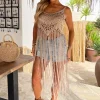 Mocha Open Knit Crochet Fringe Hem Crop Top