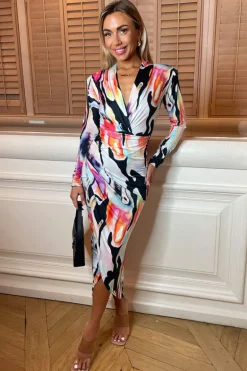 Multi Abstract Print Long Sleeve Bodycon Midi Dress