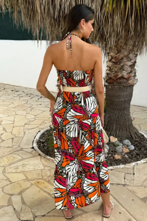Multi Butterfly Print Halterneck Straw Belt Tiered Midi Dress