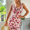 Multi Floral Print Ruched Frill Strap Mini Dress