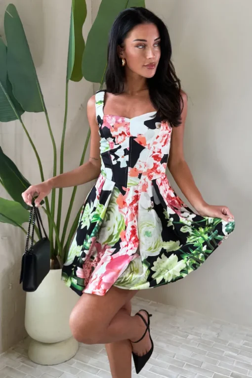 Multi Floral Print Sweetheart Neckline Bubble Hem Mini Dress