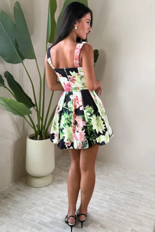 Multi Floral Print Sweetheart Neckline Bubble Hem Mini Dress