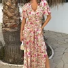 Multi Garden Print V Neck Cut Out Knot Detail Midi Dress