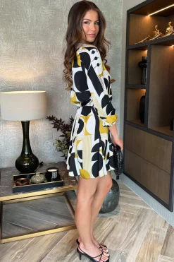 Multi Geometric Print Long Sleeve Skater Mini Dress