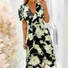 Multi Green And Black Floral Printed Short Sleeve Belted Wrap Midi Dress
