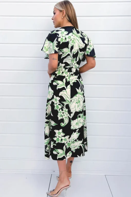 Multi Green And Black Floral Printed Short Sleeve Belted Wrap Midi Dress