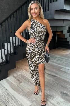 Multi Leopard Print One Shoulder Knot Skirt Satin Midi Dress