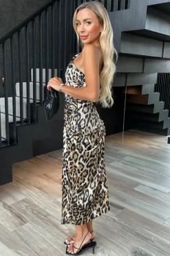 Multi Leopard Print One Shoulder Knot Skirt Satin Midi Dress