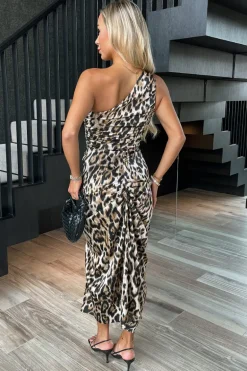 Multi Leopard Print One Shoulder Knot Skirt Satin Midi Dress