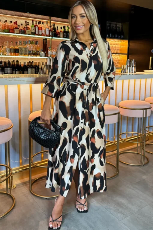 Multi Leopard Print Shirt Midi Dress