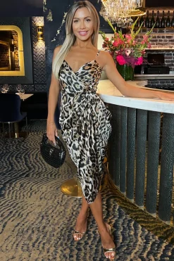 Multi Leopard Print Strappy Wrap Top Gathered Skirt Midi Dress