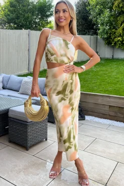 Multi Marble Print Asymmetric Cut Out Midi Dress