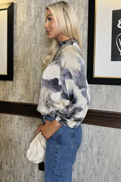 Multi Marble Print Long Sleeve Ruffle Neck Top