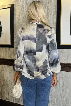 Multi Marble Print Long Sleeve Ruffle Neck Top