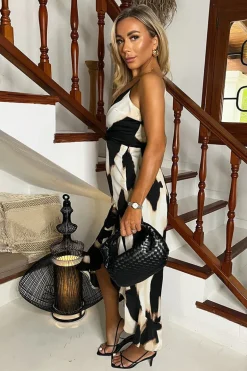 Multi Marble Print Strappy High Low Frill Hem Midi Dress
