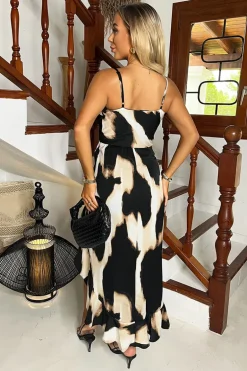 Multi Marble Print Strappy High Low Frill Hem Midi Dress