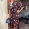 Multi Print Batwing Top Wrap Skirt Midi Dress