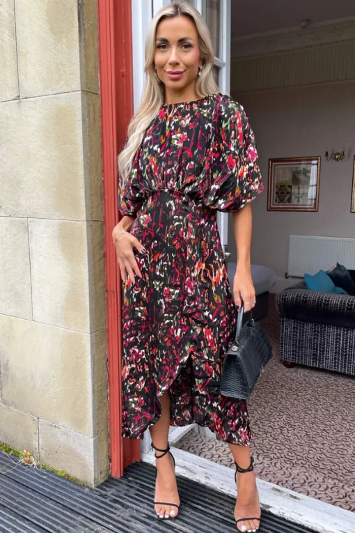 Multi Print Batwing Top Wrap Skirt Midi Dress